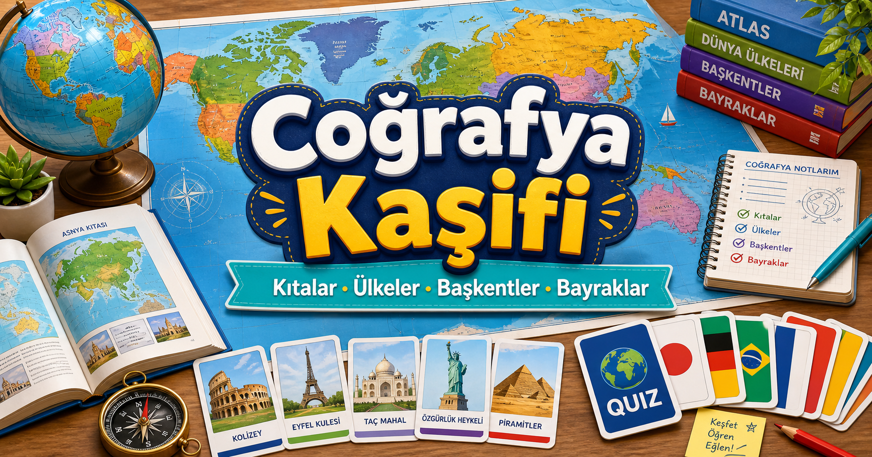Coğrafya Kaşifi: dünya haritası, bayraklar, ülkeler ve başkentler